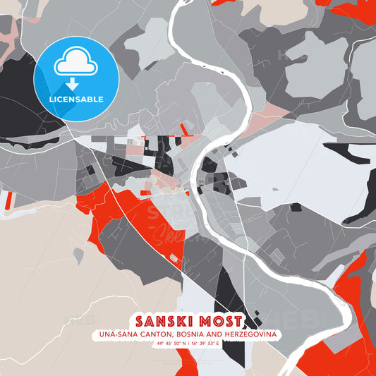 Sanski Most, Una-Sana Canton, Bosnia and Herzegovina, modern map - HEBSTREITS Sketches