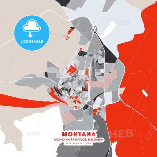 Montana, Montana Province, Bulgaria, modern map - HEBSTREITS Sketches