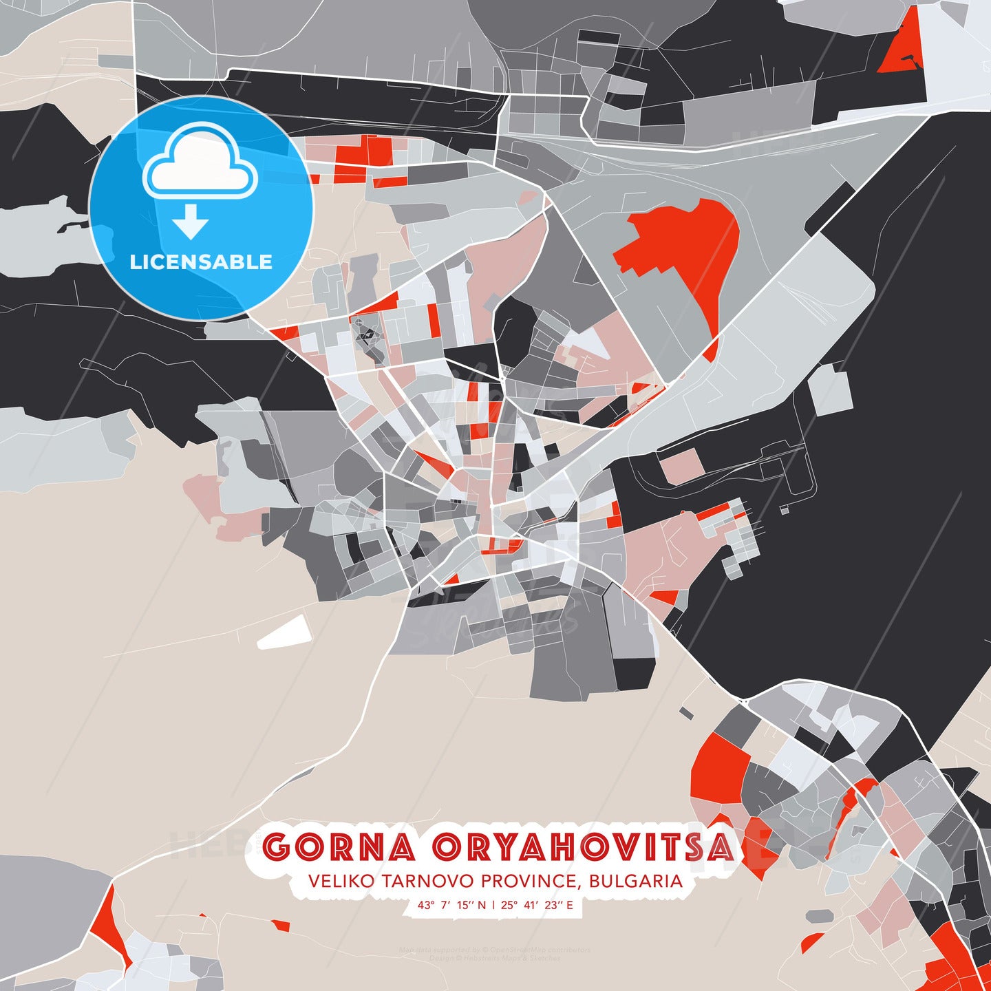 Gorna Oryahovitsa, Veliko Tarnovo Province, Bulgaria, modern map - HEBSTREITS Sketches