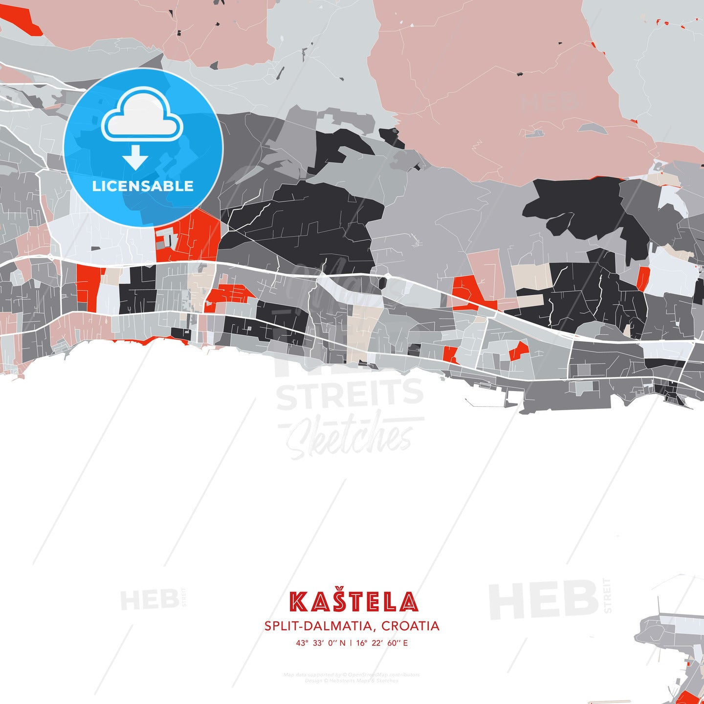 Kaštela, Split-Dalmatia, Croatia, modern map - HEBSTREITS Sketches