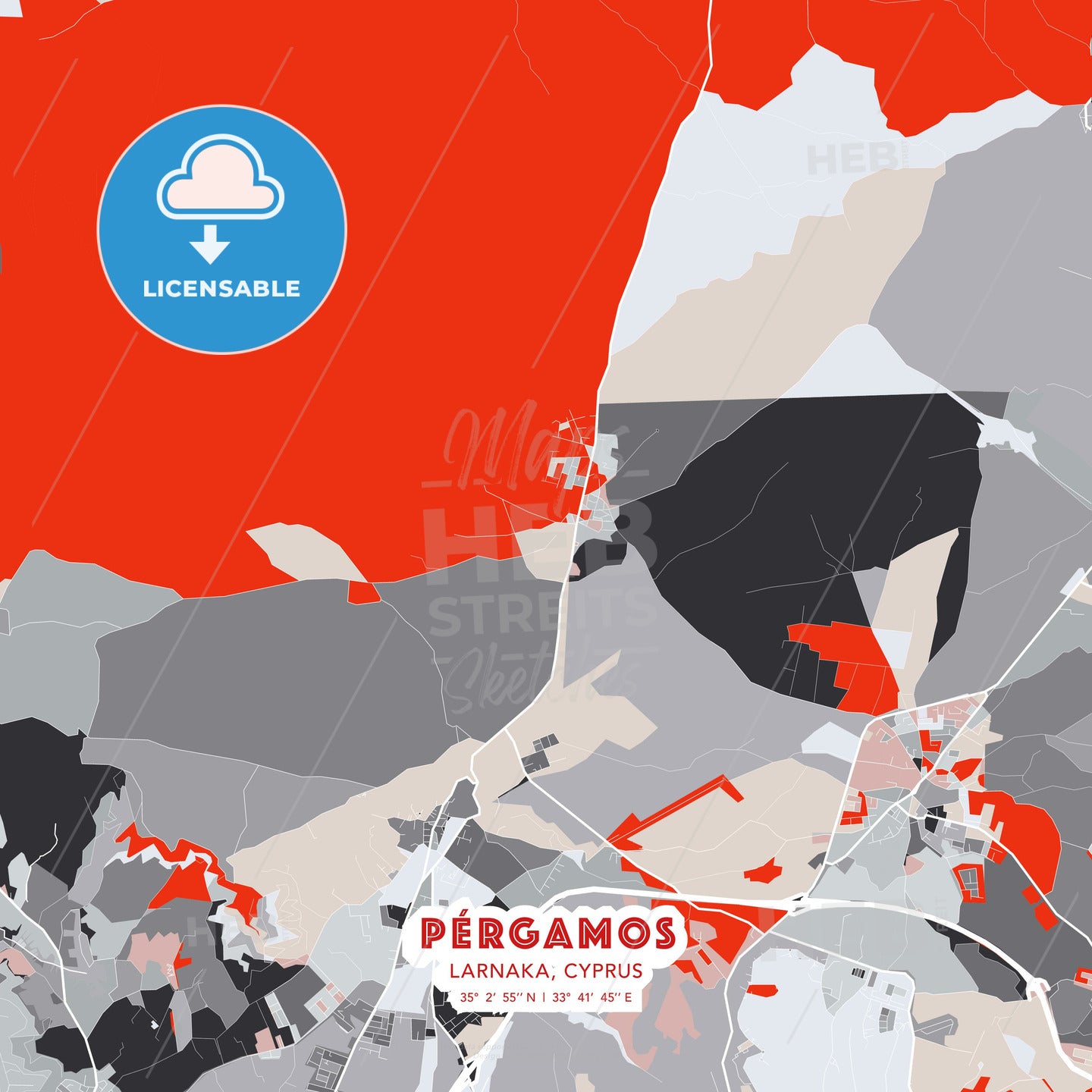 Pérgamos  , Larnaka, Cyprus, modern map - HEBSTREITS Sketches