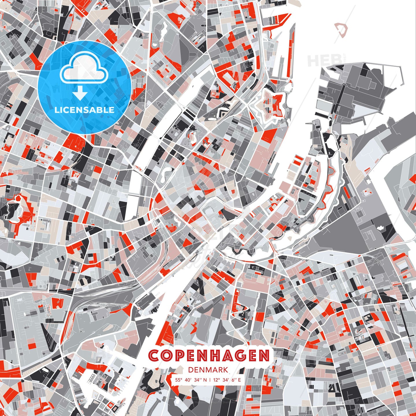 Copenhagen, Denmark, modern map - HEBSTREITS Sketches