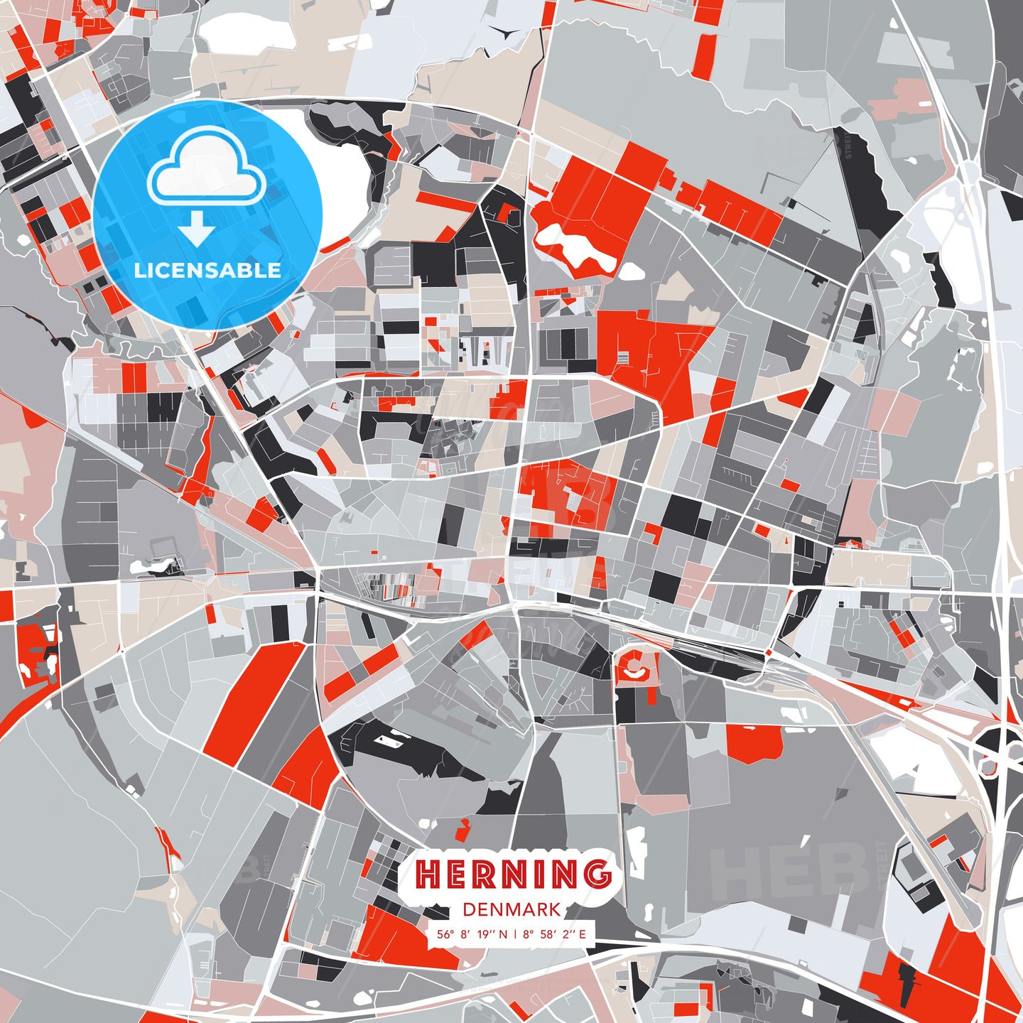 Herning, Denmark, modern map - HEBSTREITS Sketches