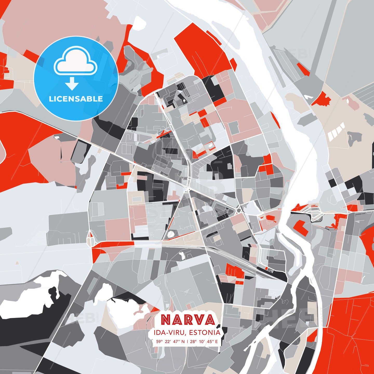 Narva, Ida-Viru, Estonia, modern map - HEBSTREITS Sketches