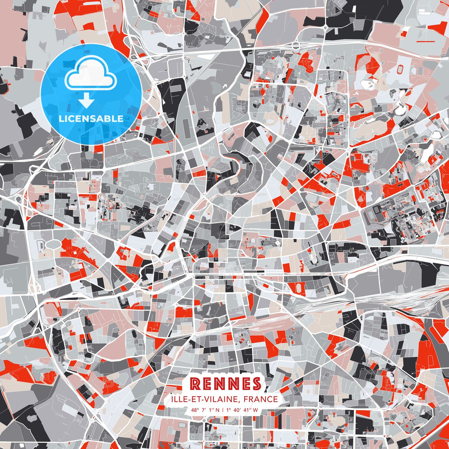 Rennes, Ille-et-Vilaine, France, modern map - HEBSTREITS Sketches