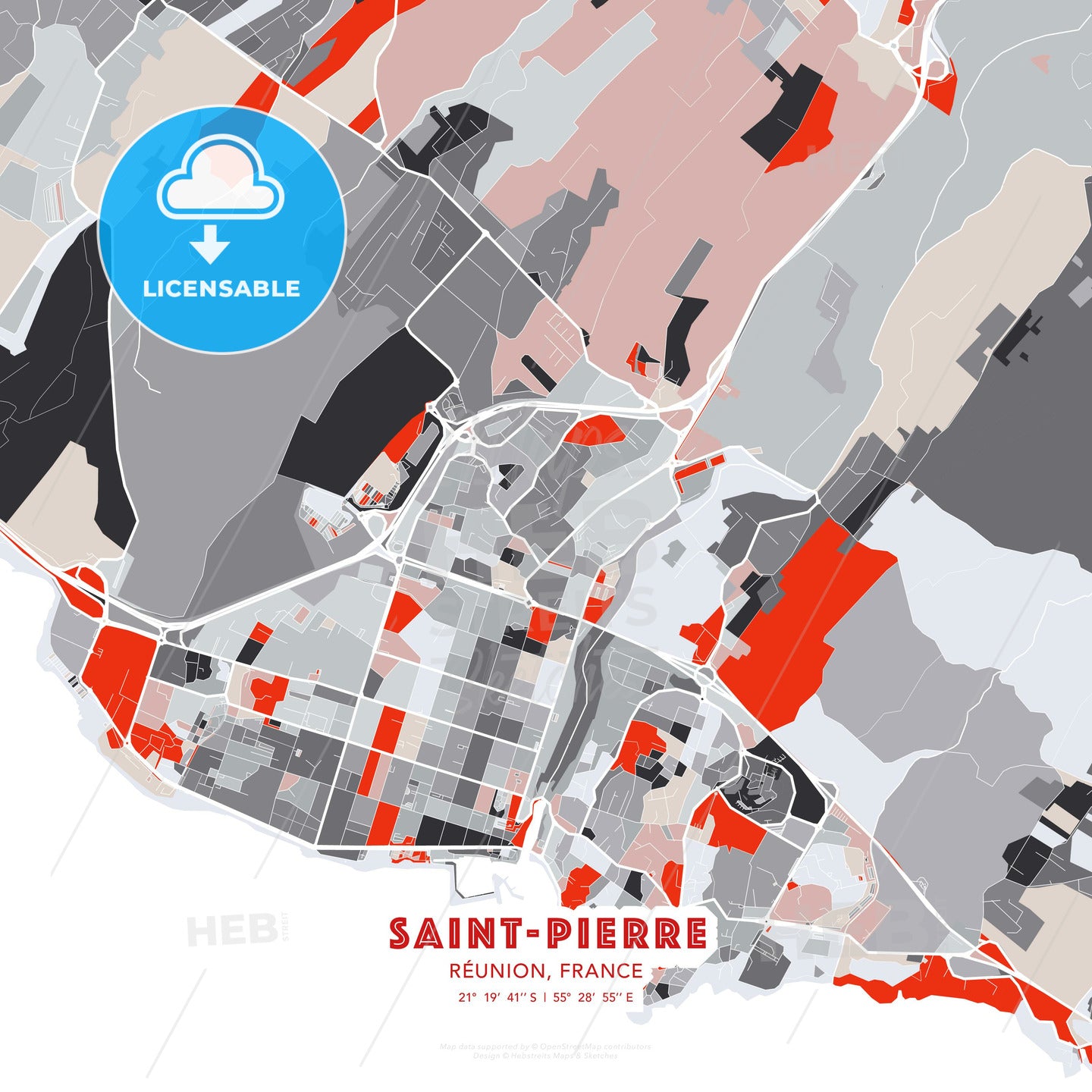 Saint-Pierre, Réunion, France, modern map - HEBSTREITS Sketches