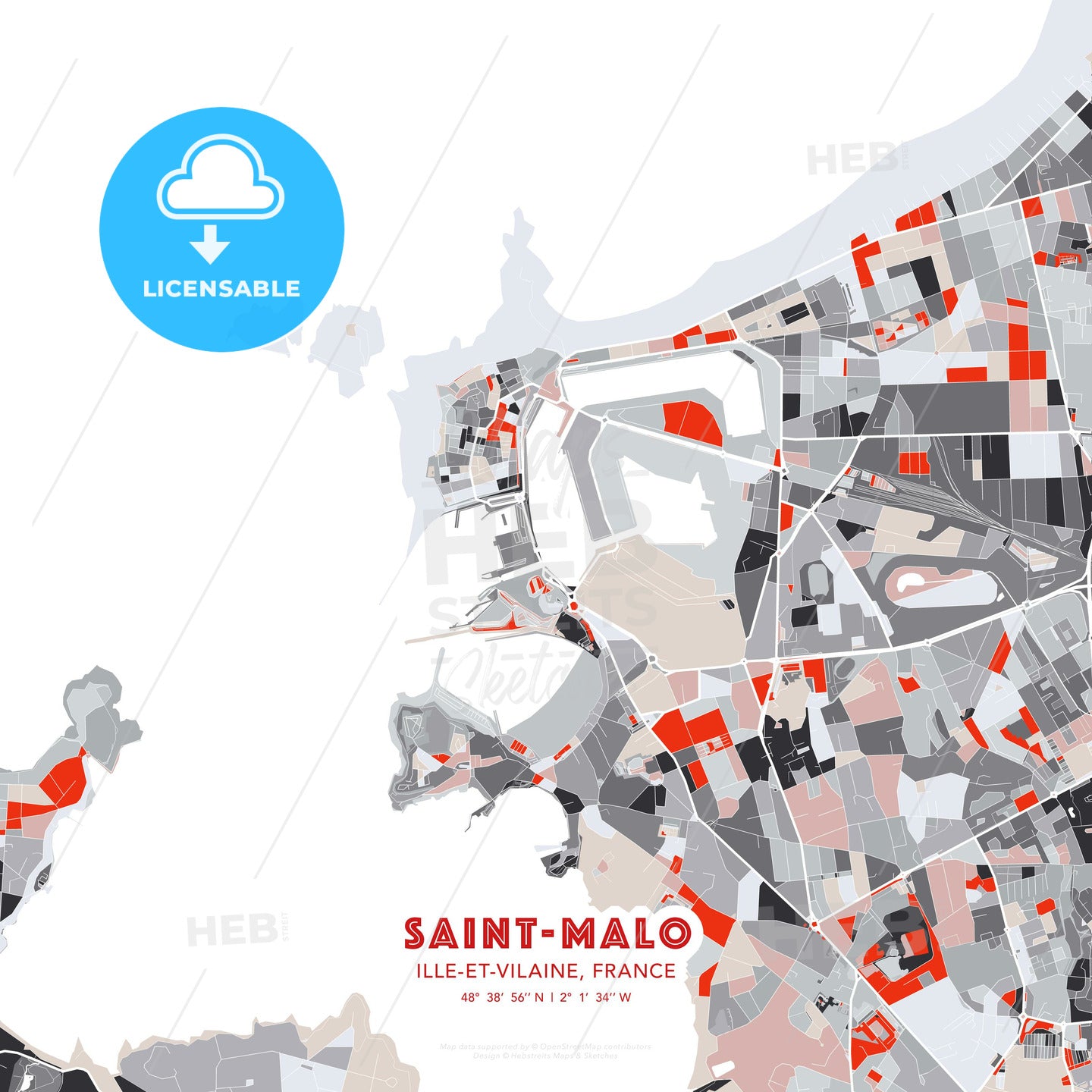 Saint-Malo, Ille-et-Vilaine, France, modern map - HEBSTREITS Sketches