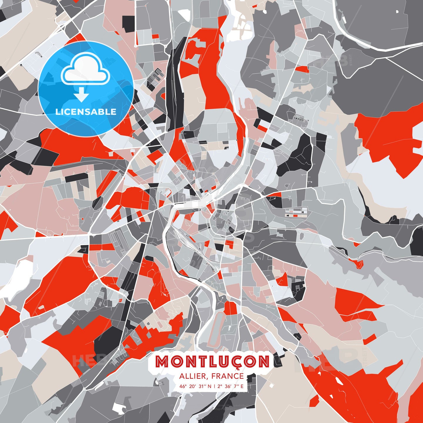 Montluçon, Allier, France - modern street map poster template with gray ...