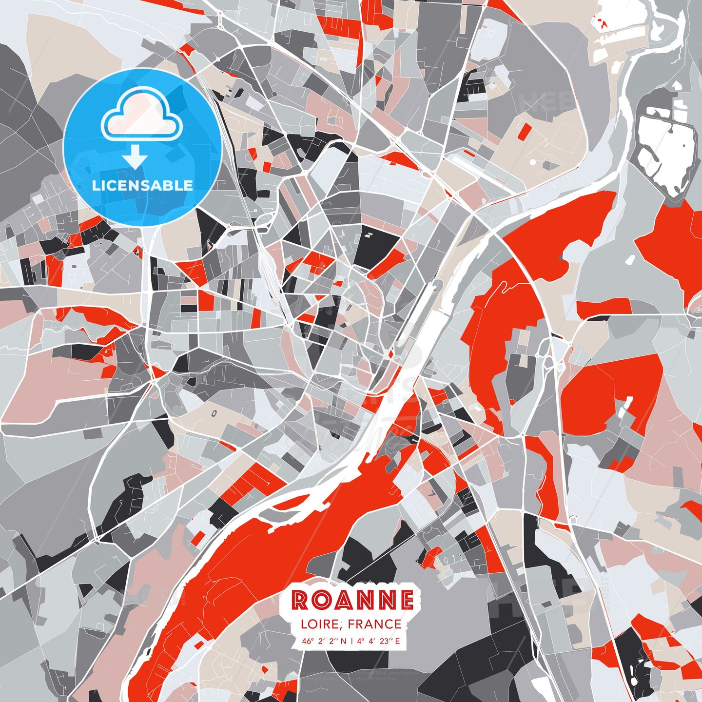 Roanne, Loire, France, modern map - HEBSTREITS Sketches