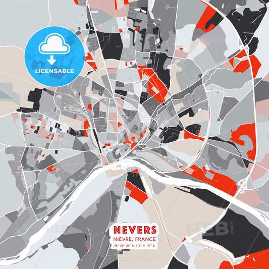 Nevers, Nièvre, France, modern map - HEBSTREITS Sketches