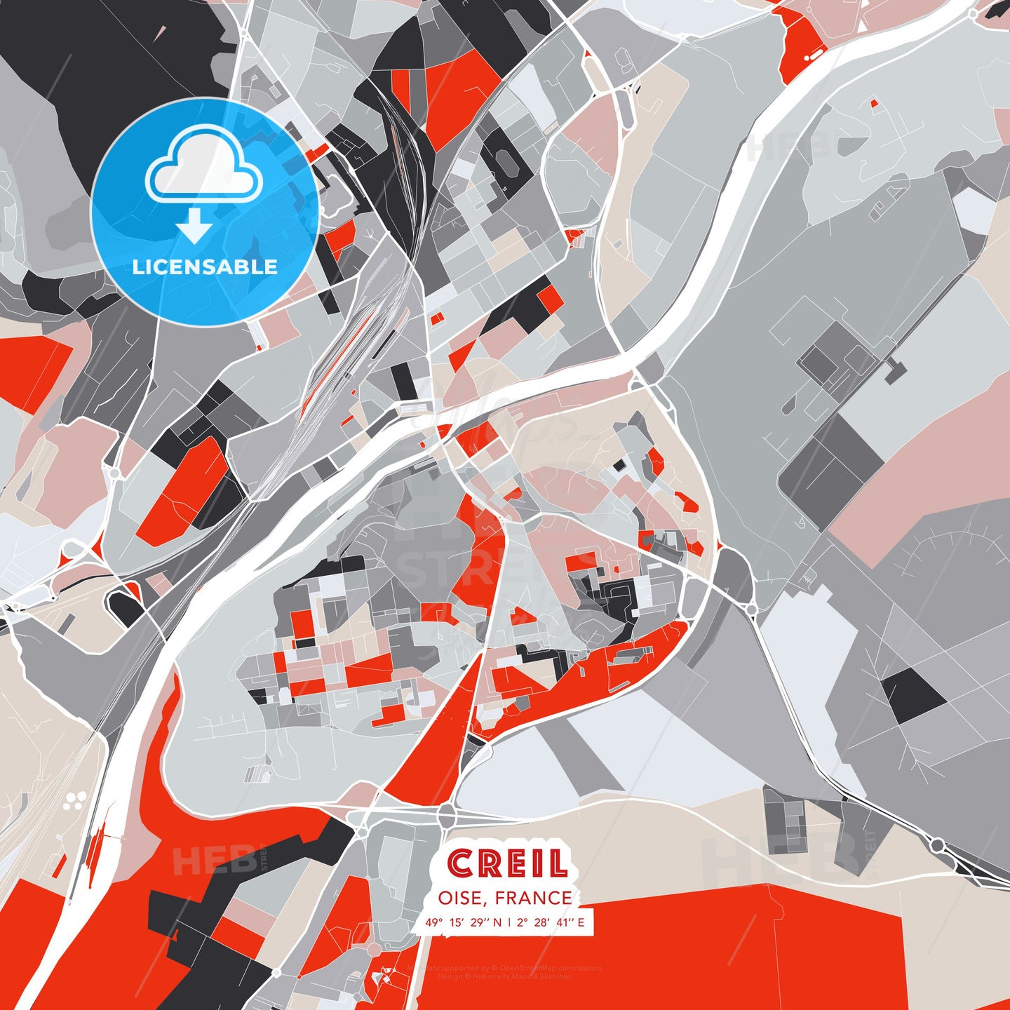 Creil, Oise, France, modern map - HEBSTREITS Sketches