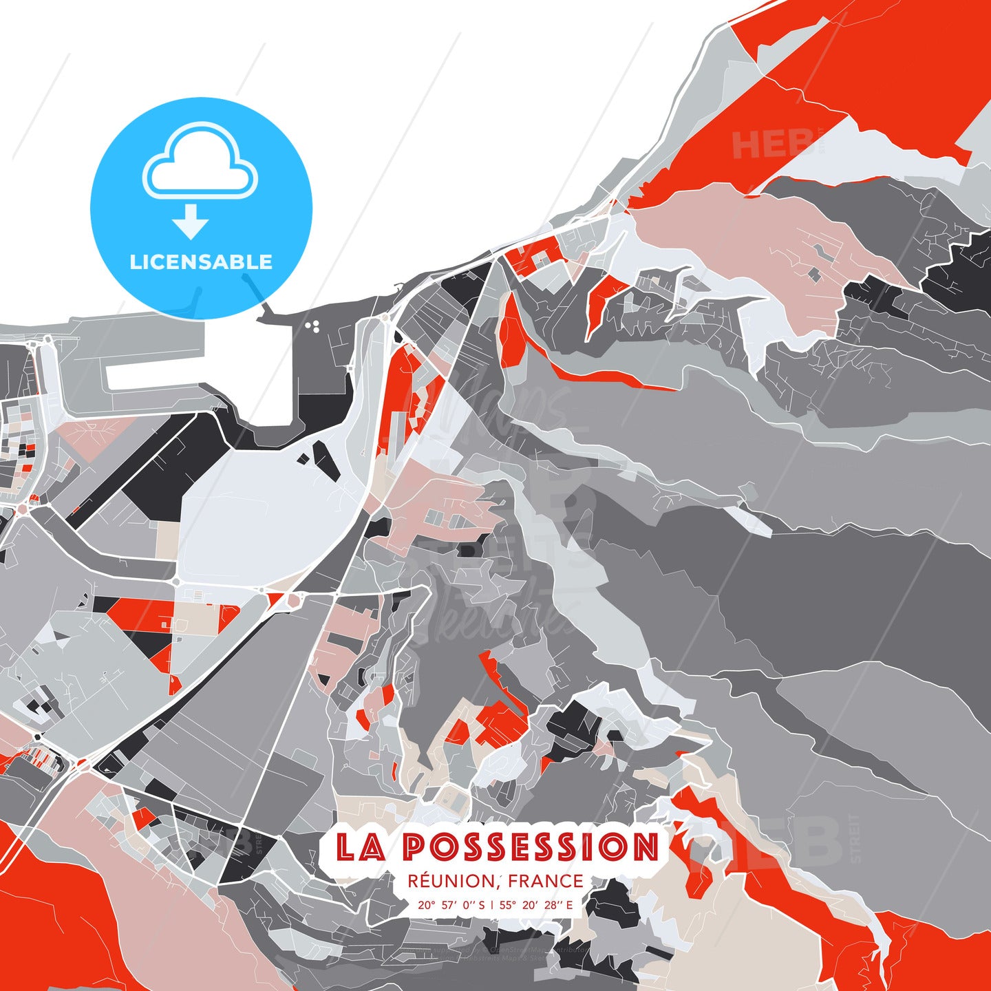 La Possession, Réunion, France, modern map - HEBSTREITS Sketches
