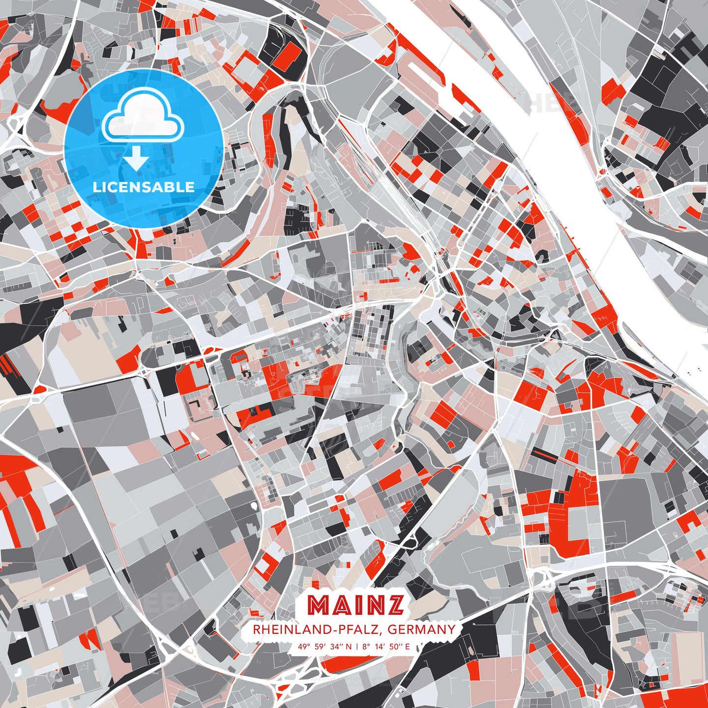 Mainz, Rheinland-Pfalz, Germany, modern map - HEBSTREITS Sketches
