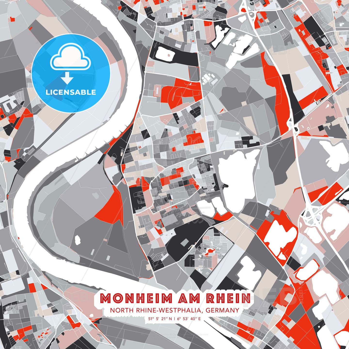 Monheim am Rhein, North Rhine-Westphalia, Germany, modern map - HEBSTREITS Sketches