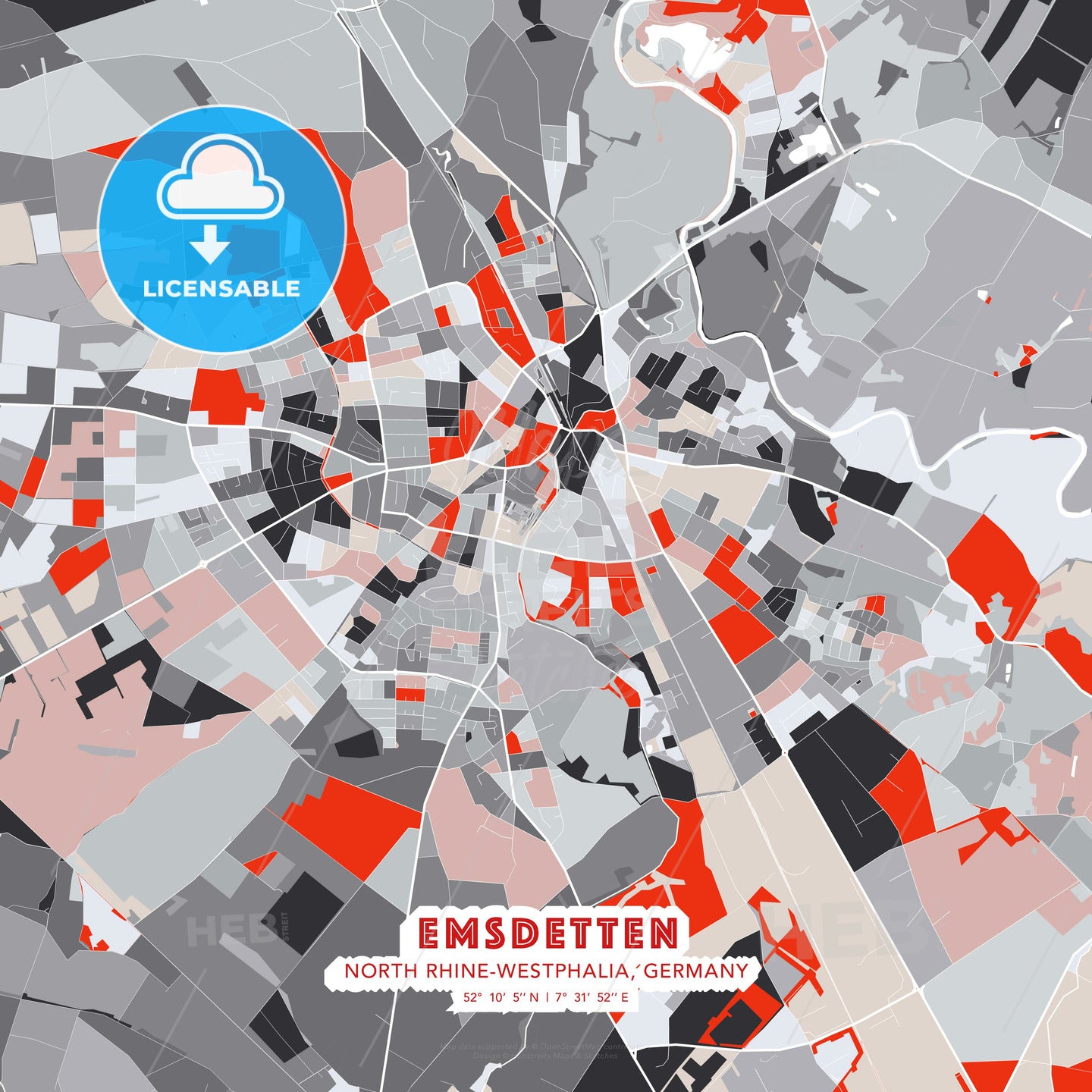 Emsdetten, North Rhine-Westphalia, Germany, modern map - HEBSTREITS Sketches