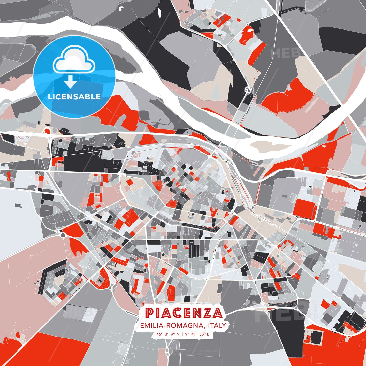 Piacenza, Emilia-Romagna, Italy, modern map - HEBSTREITS Sketches
