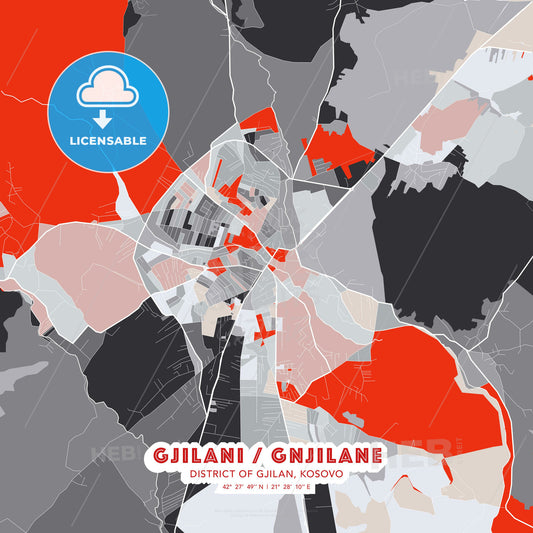 Gjilani / Gnjilane, District of Gjilan, Kosovo, modern map - HEBSTREITS Sketches