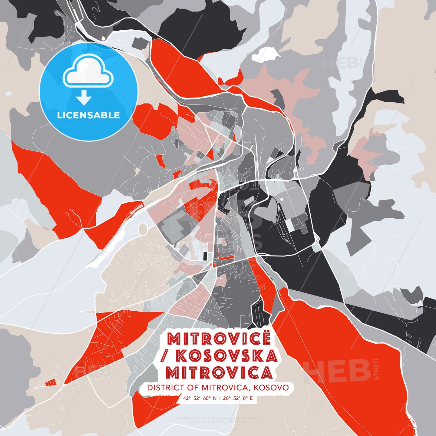 Mitrovicë / Kosovska Mitrovica, District of Mitrovica, Kosovo, modern map - HEBSTREITS Sketches