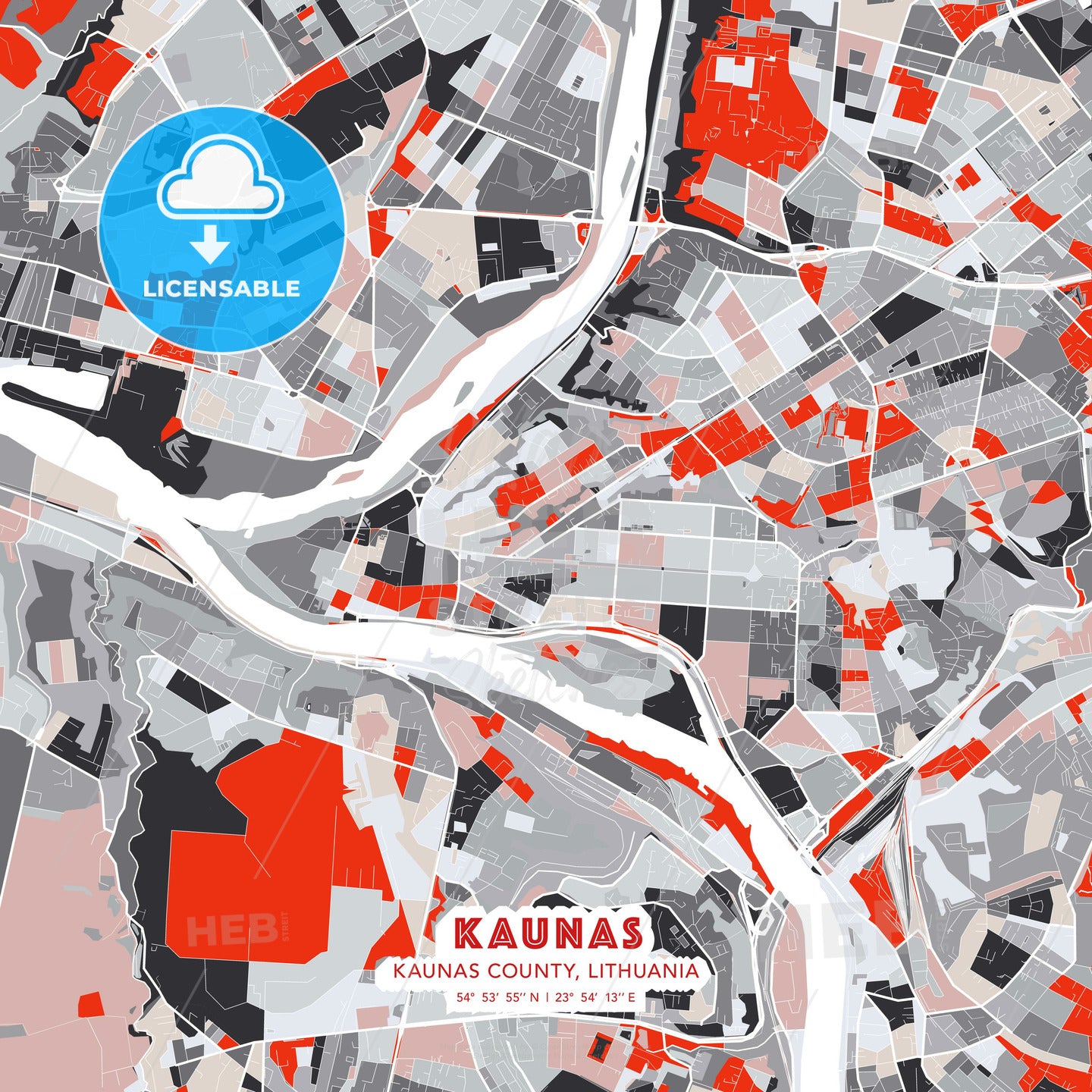 Kaunas, Kaunas County, Lithuania, modern map - HEBSTREITS Sketches