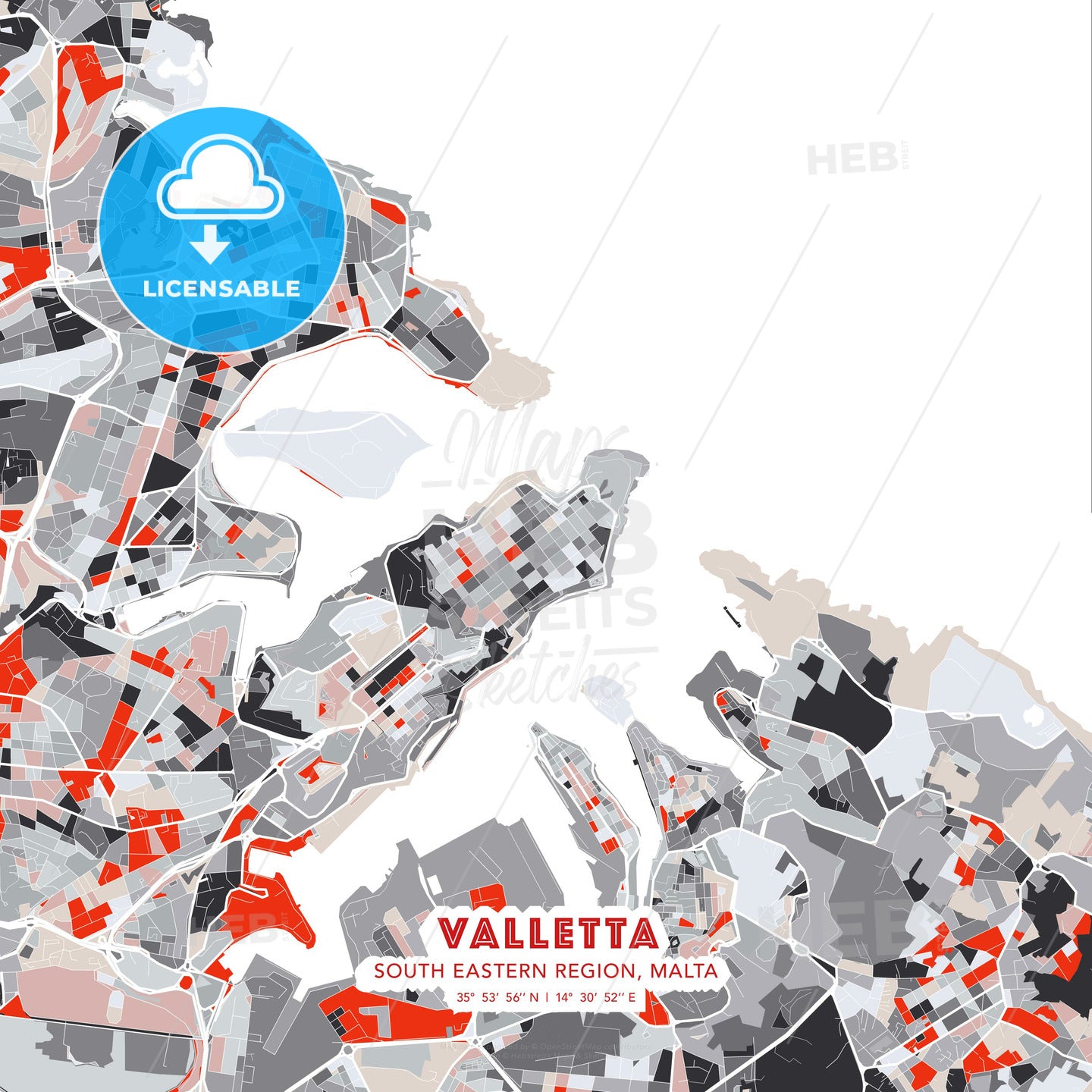 Valletta, South Eastern Region, Malta, modern map - HEBSTREITS Sketches