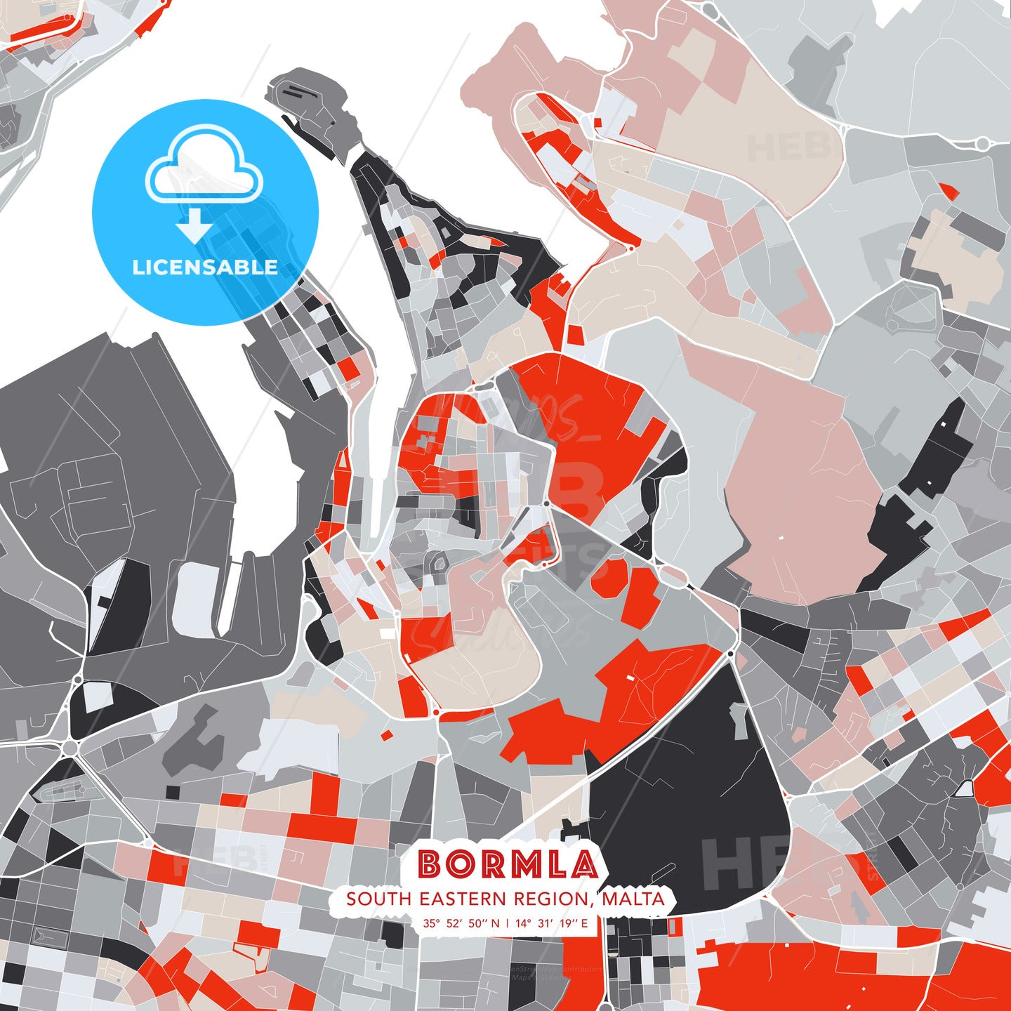 Bormla, South Eastern Region, Malta, modern map - HEBSTREITS Sketches