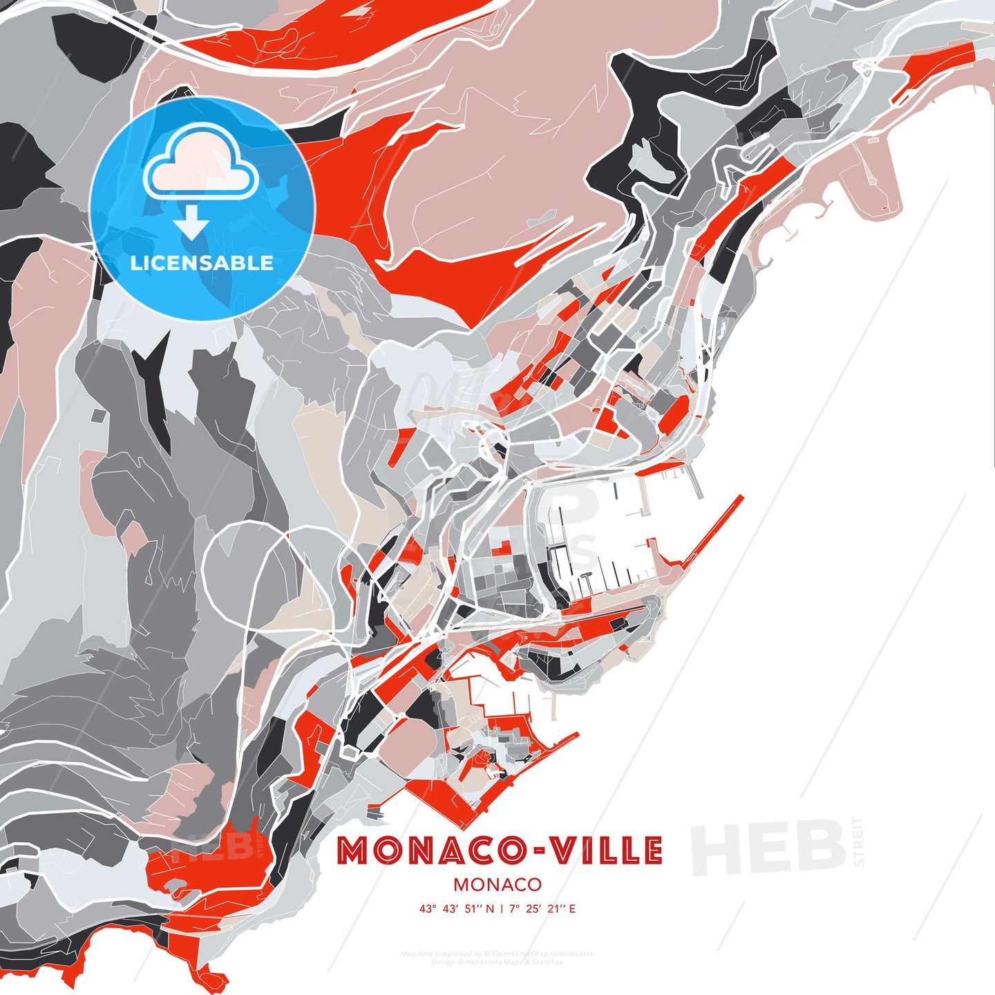 Monaco-Ville, Monaco, modern map - HEBSTREITS Sketches
