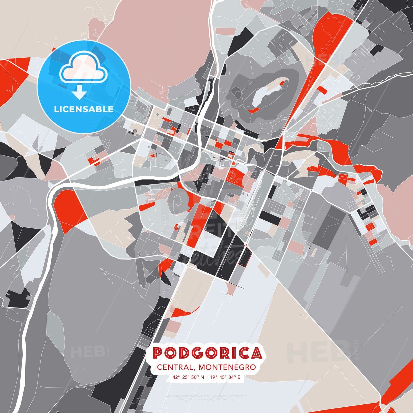 Podgorica, Central, Montenegro, modern map - HEBSTREITS Sketches
