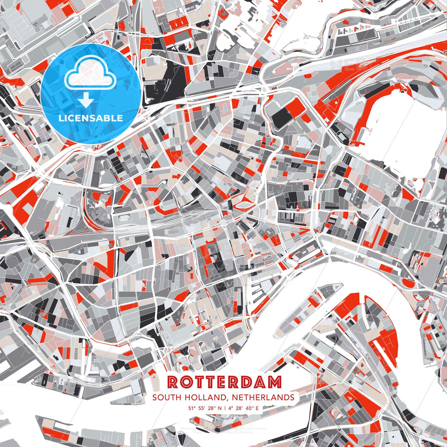 Rotterdam, South Holland, Netherlands, modern map - HEBSTREITS Sketches