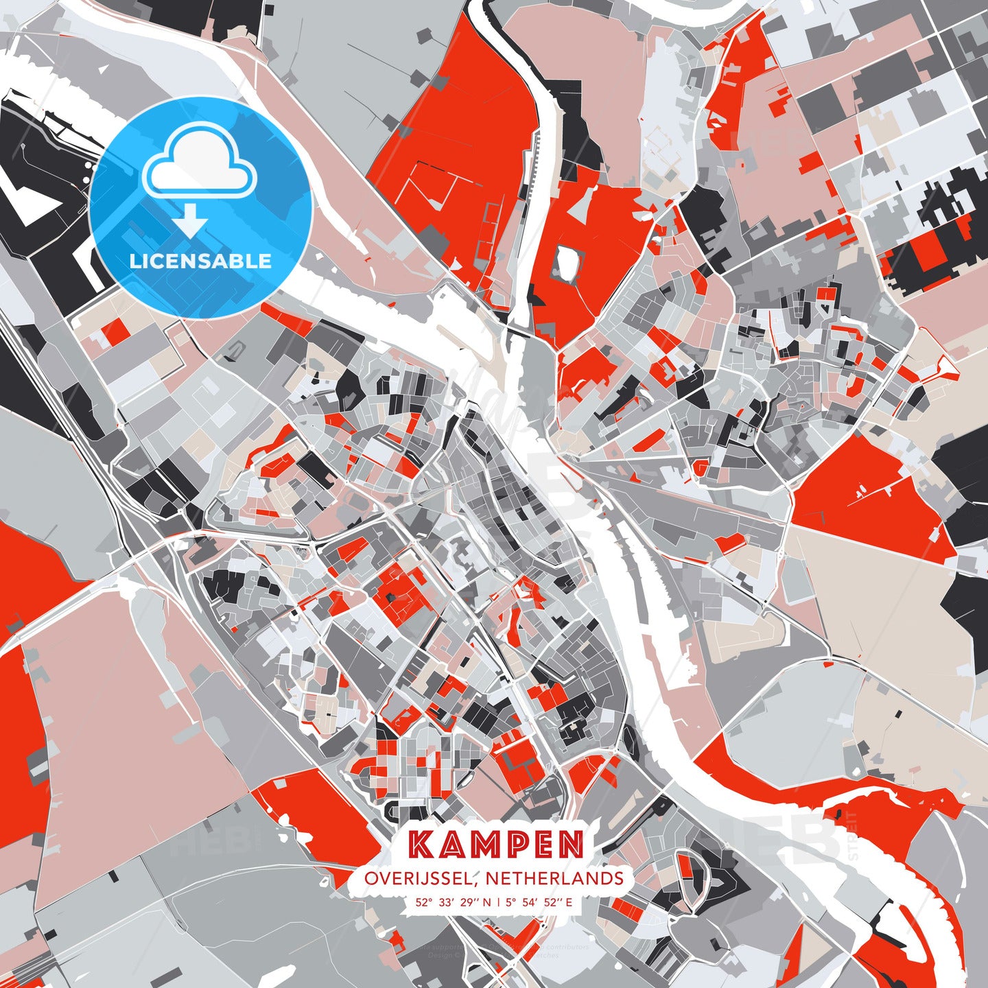 Kampen, Overijssel, Netherlands, modern map - HEBSTREITS Sketches