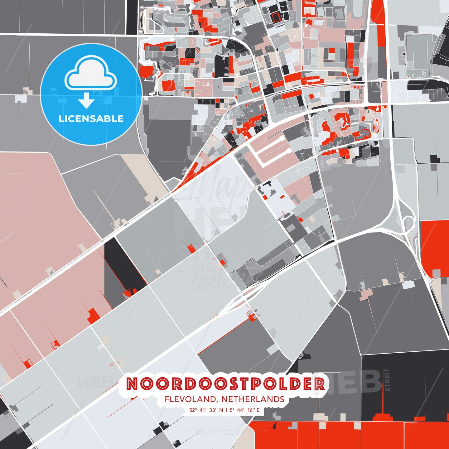 Noordoostpolder, Flevoland, Netherlands, modern map - HEBSTREITS Sketches