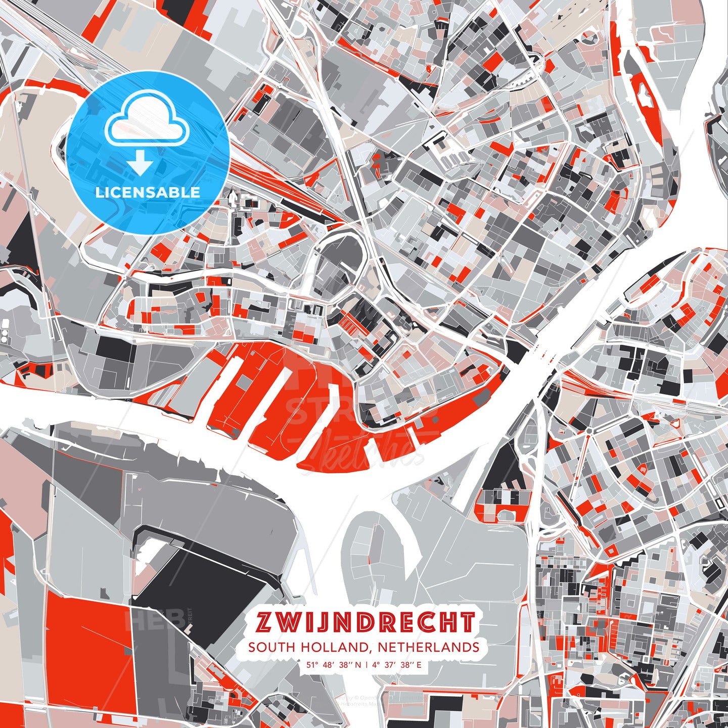 Zwijndrecht, South Holland, Netherlands, modern map - HEBSTREITS Sketches