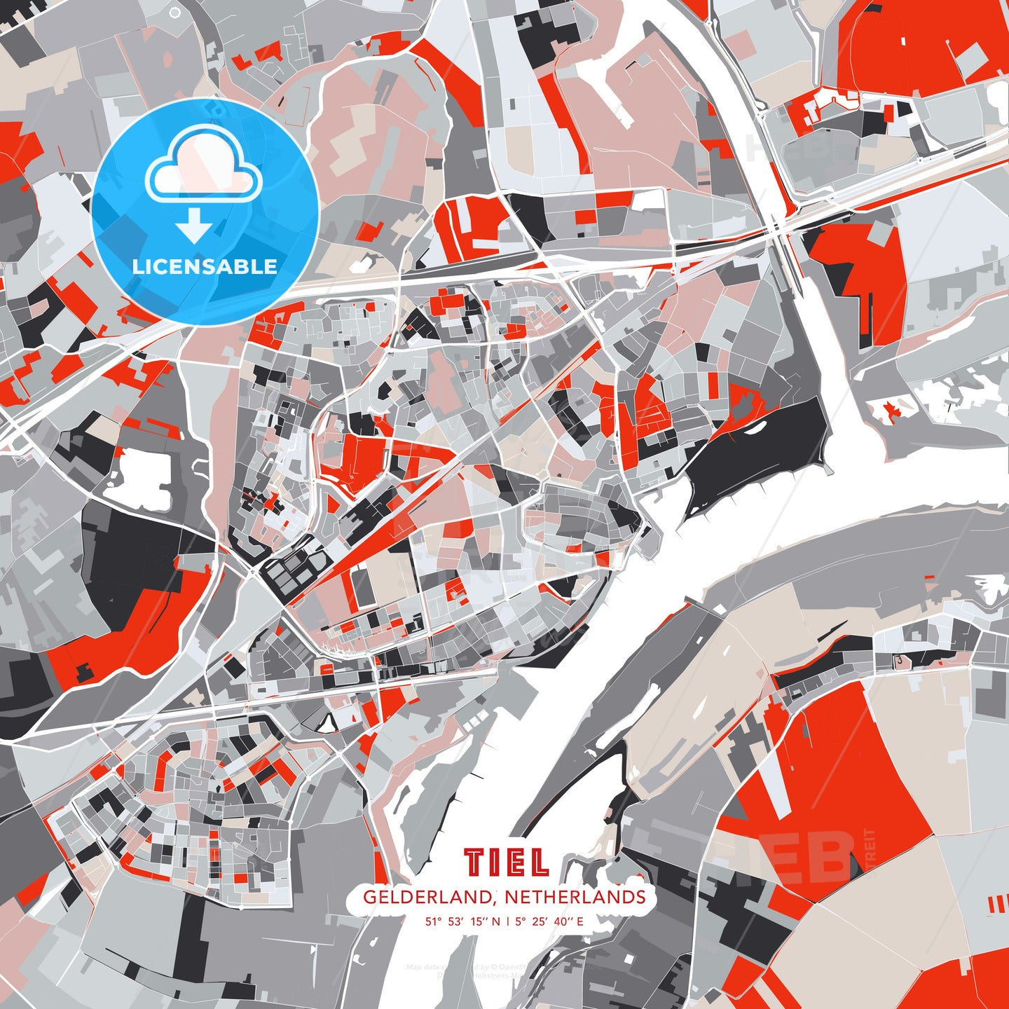 Tiel, Gelderland, Netherlands, modern map - HEBSTREITS Sketches