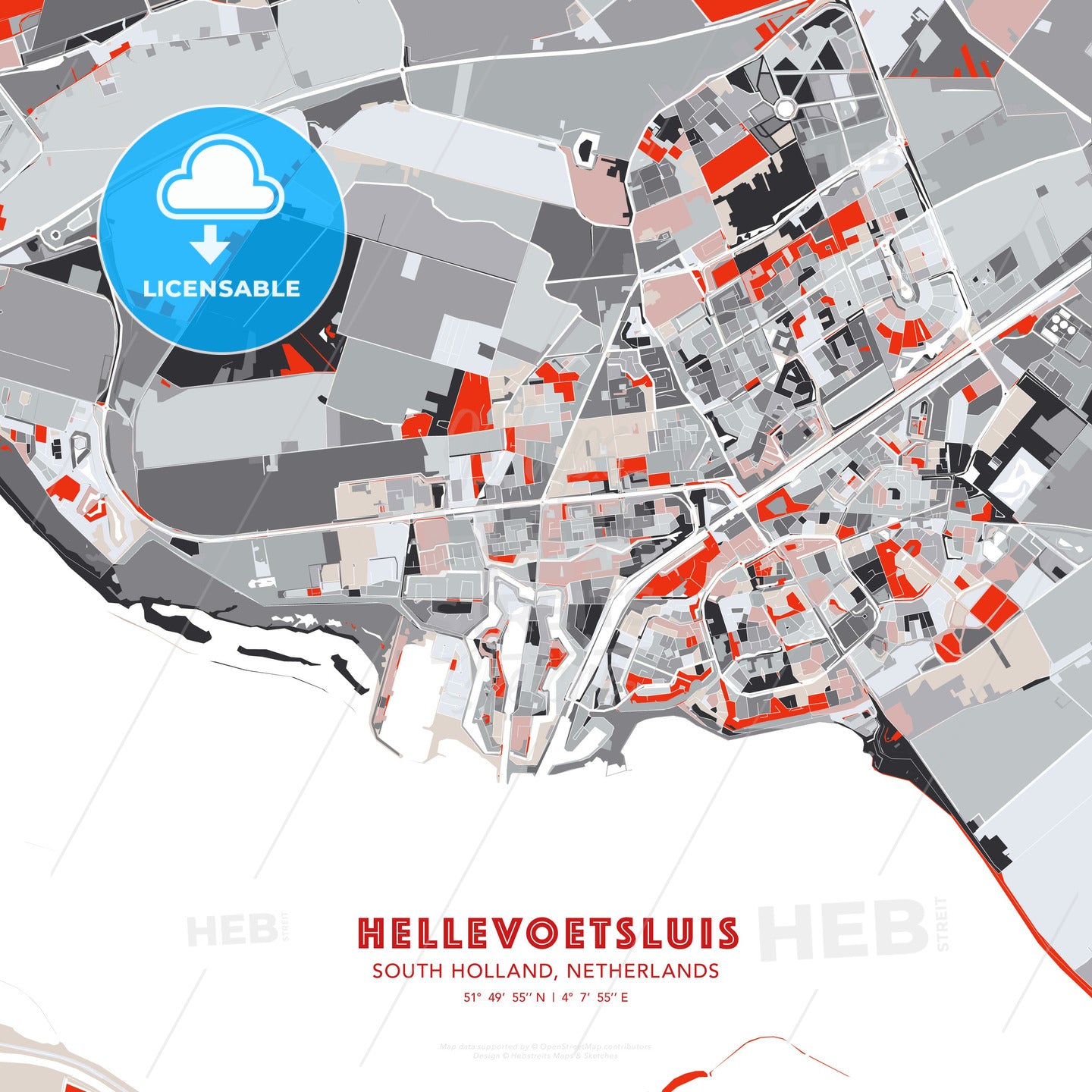 Hellevoetsluis, South Holland, Netherlands, modern map - HEBSTREITS Sketches