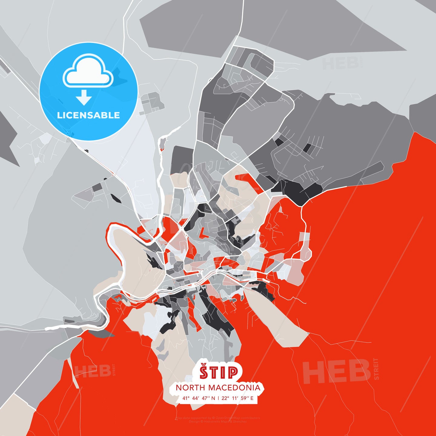 Štip, North Macedonia, modern map - HEBSTREITS Sketches