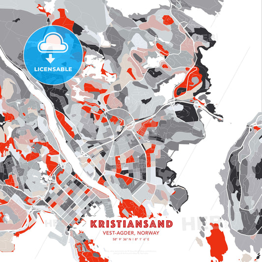 Kristiansand, Vest-Agder, Norway, modern map - HEBSTREITS Sketches