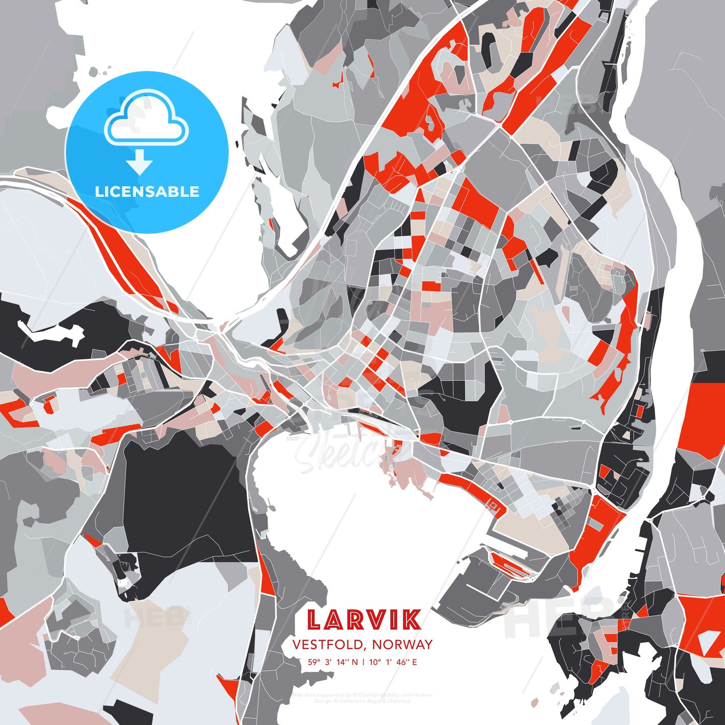 Larvik, Vestfold, Norway, modern map - HEBSTREITS Sketches