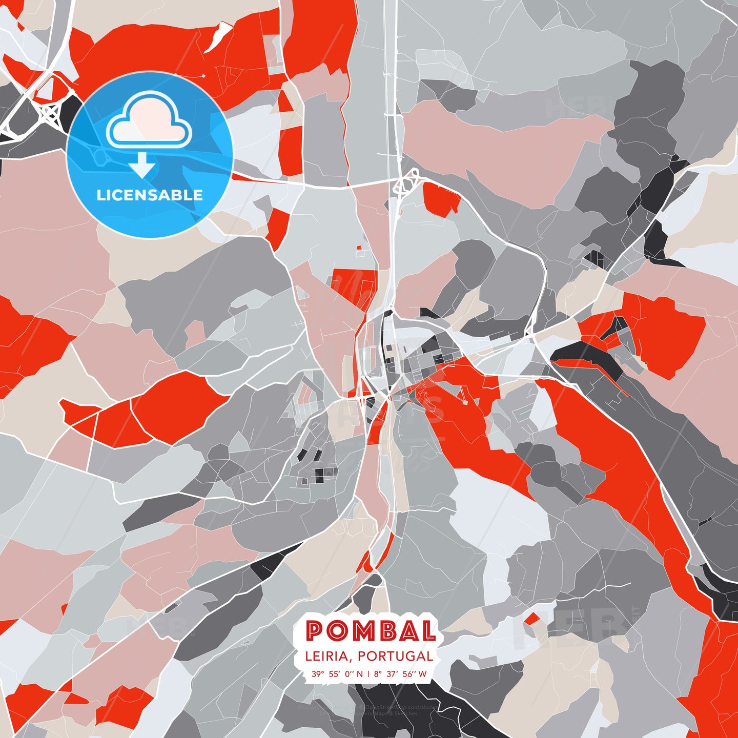 Pombal, Leiria, Portugal, modern map - HEBSTREITS Sketches