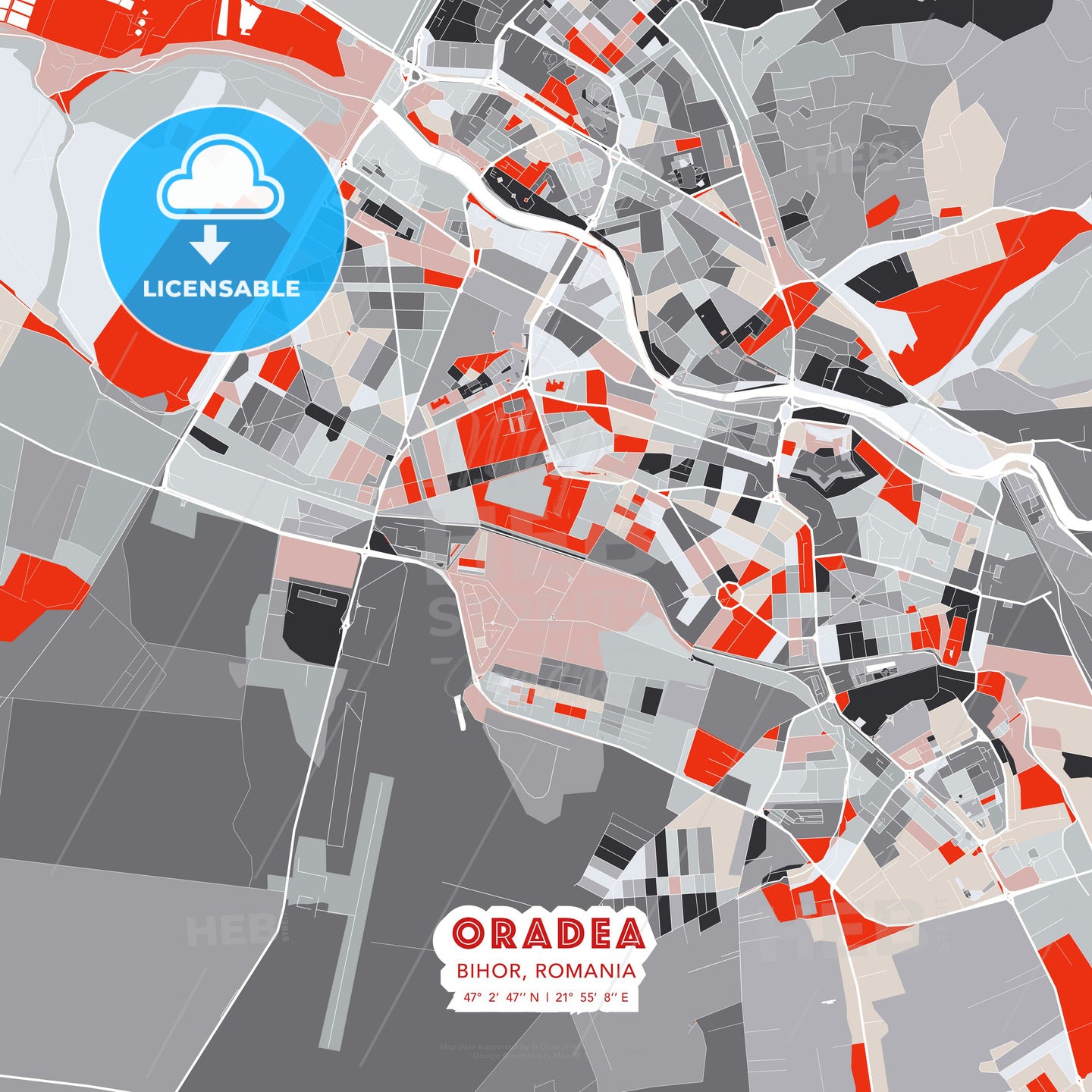 Oradea, Bihor, Romania, modern map - HEBSTREITS Sketches