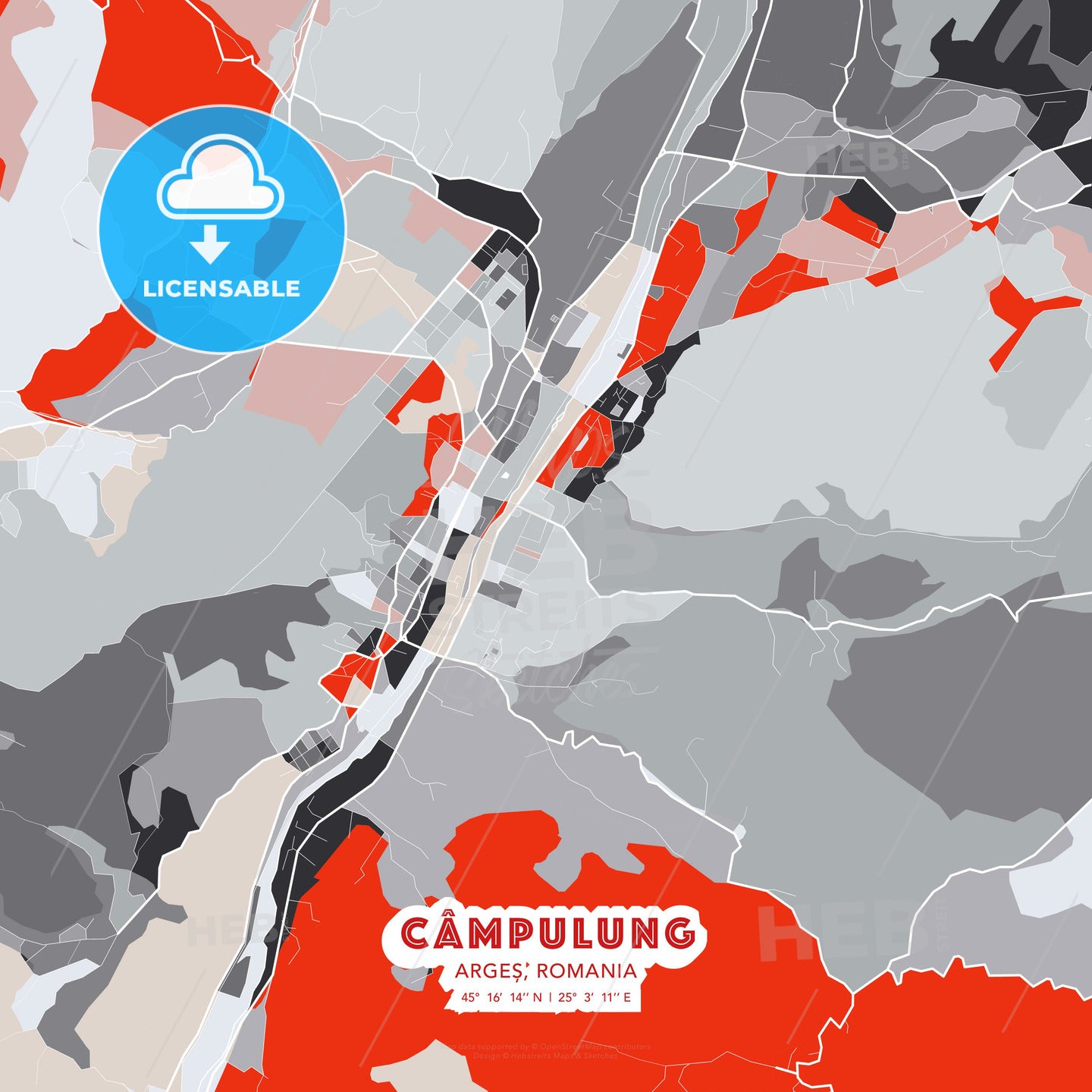 Câmpulung, Argeș, Romania, modern map - HEBSTREITS Sketches