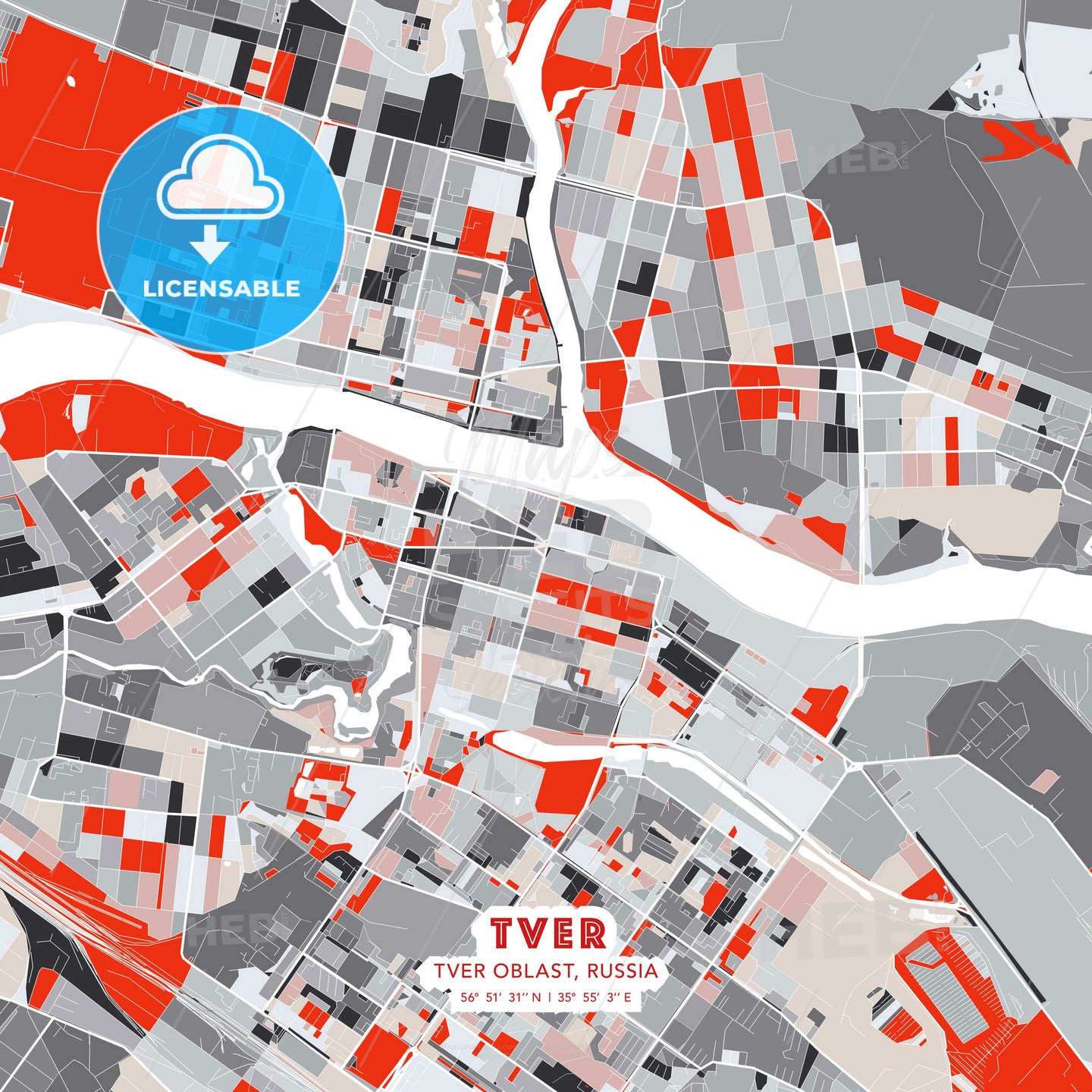 Tver, Tver Oblast, Russia, modern map - HEBSTREITS Sketches