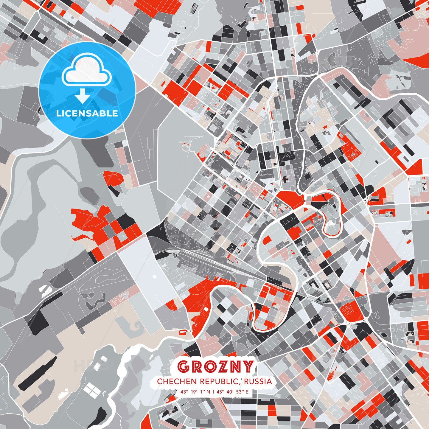 Grozny, Chechen Republic, Russia, modern map - HEBSTREITS Sketches