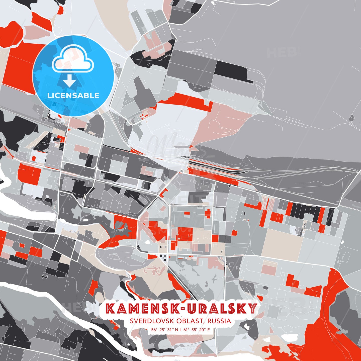 Kamensk-Uralsky, Sverdlovsk Oblast, Russia, modern map - HEBSTREITS Sketches