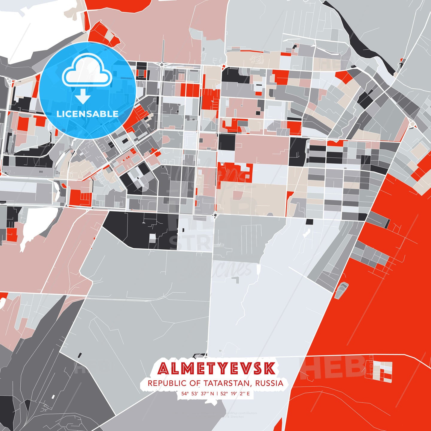 Almetyevsk, Republic of Tatarstan, Russia, modern map - HEBSTREITS Sketches