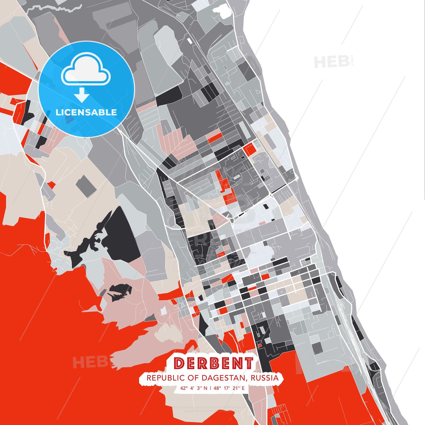 Derbent, Republic of Dagestan, Russia, modern map - HEBSTREITS Sketches