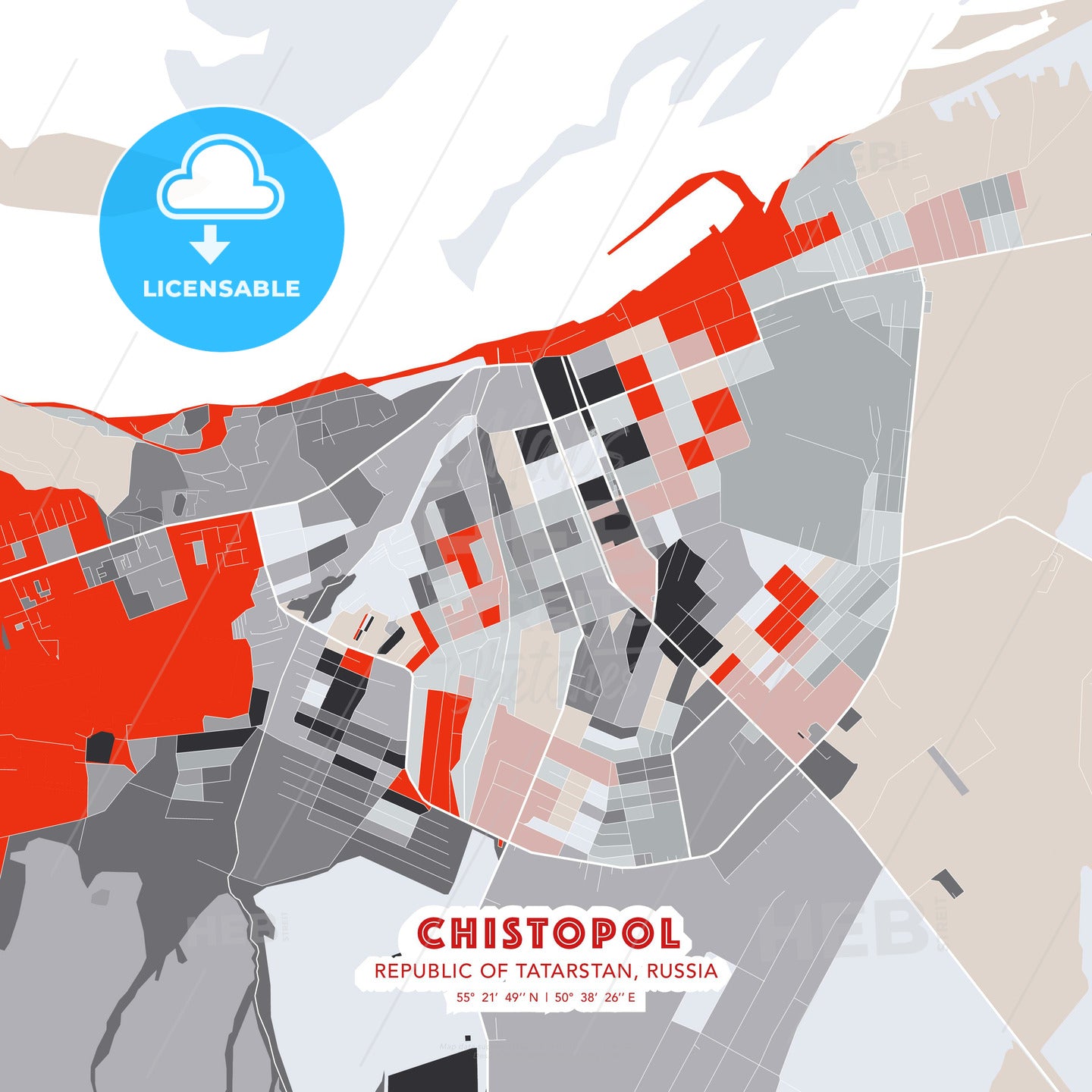 Chistopol, Republic of Tatarstan, Russia, modern map - HEBSTREITS Sketches