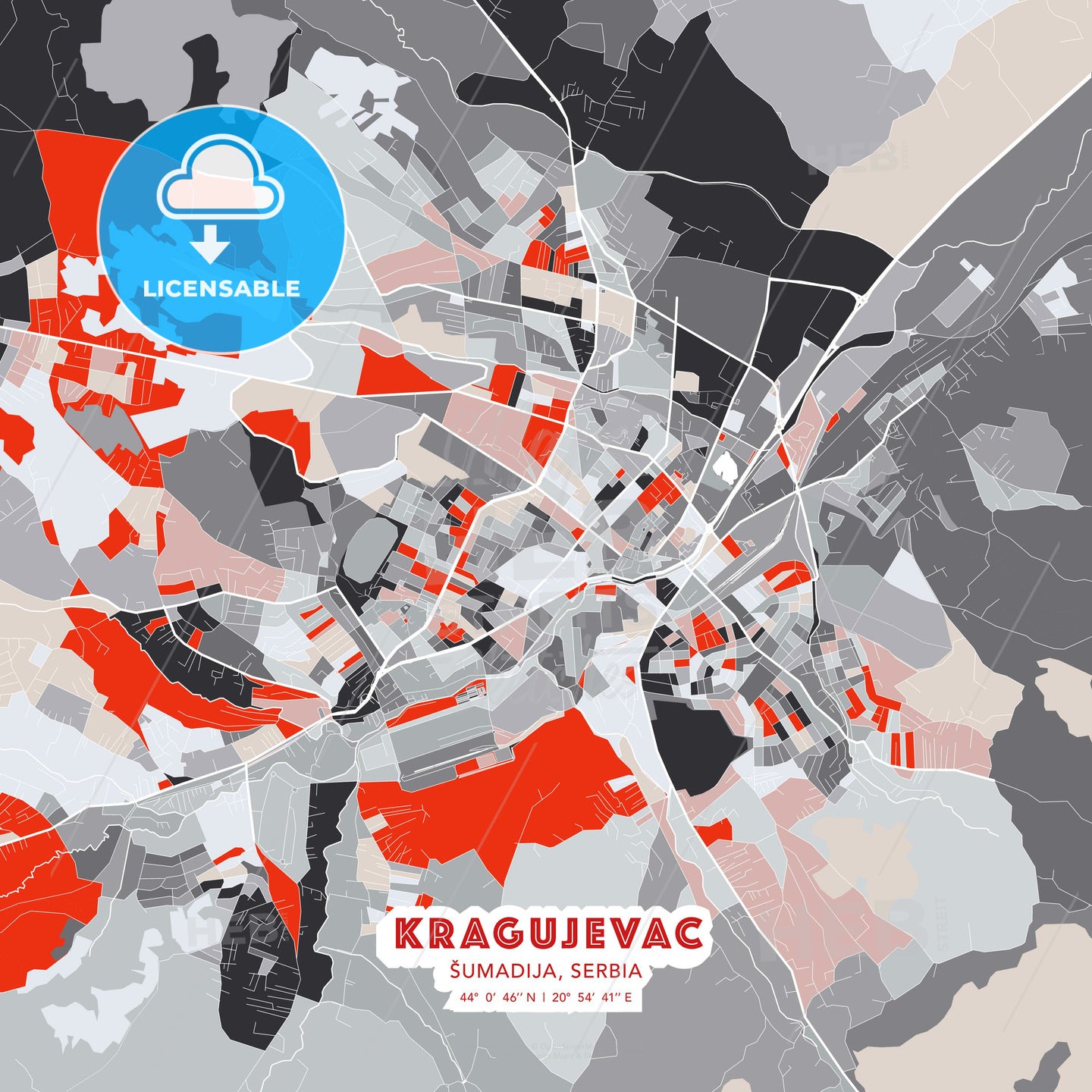 Kragujevac, Šumadija, Serbia, modern map - HEBSTREITS Sketches