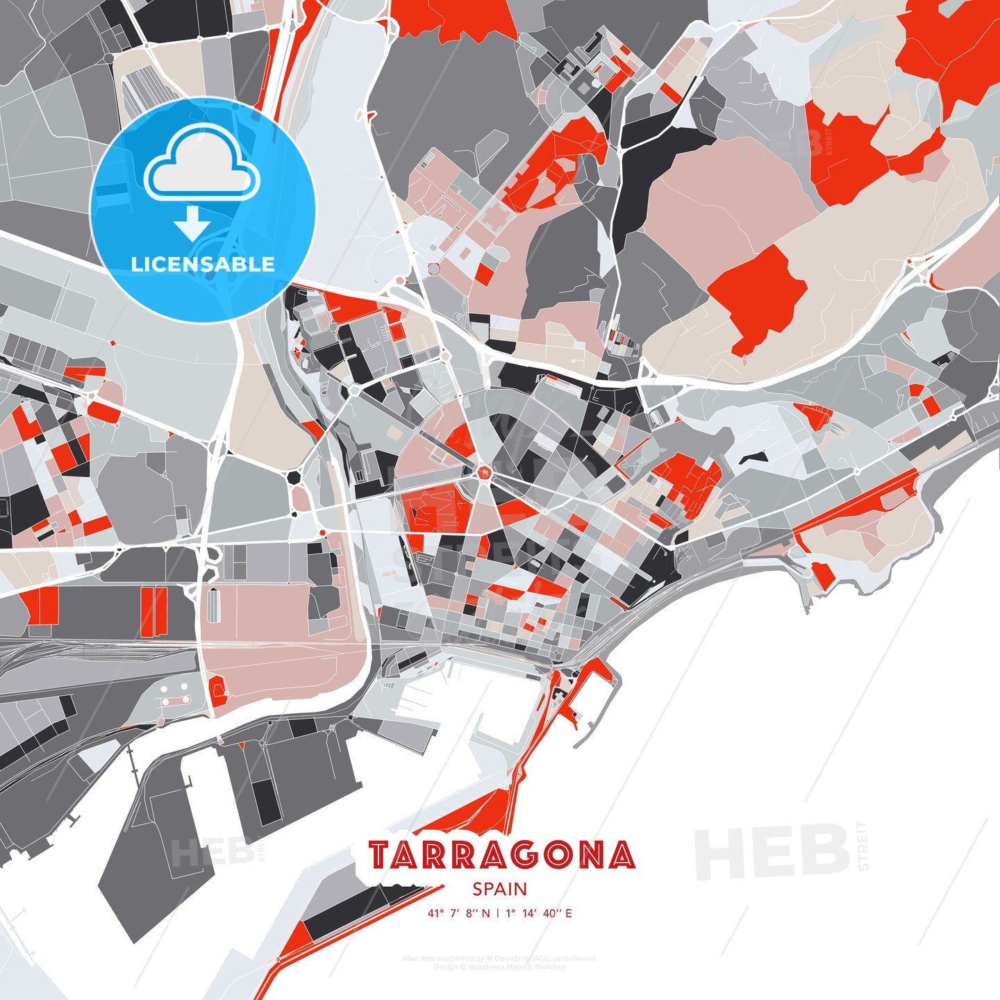 Tarragona, Spain, modern map - HEBSTREITS Sketches