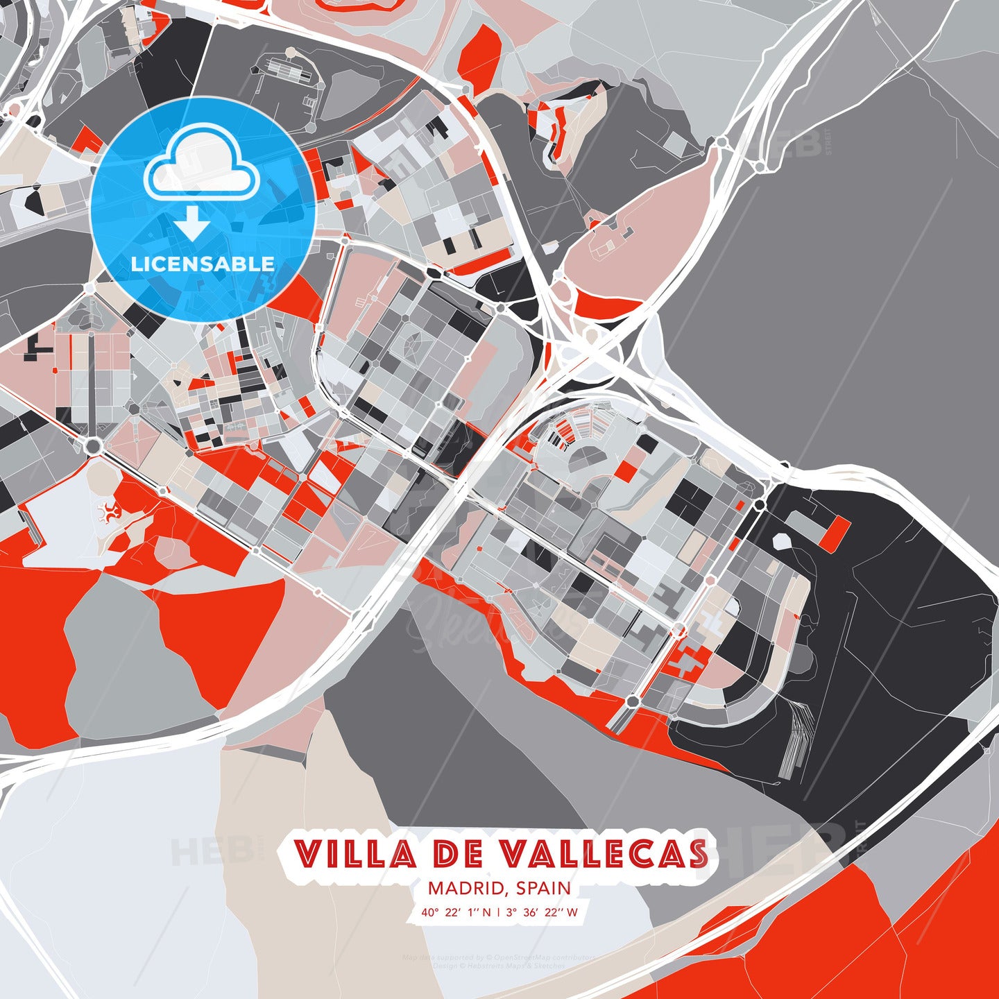 Villa de Vallecas, Madrid, Spain, modern map - HEBSTREITS Sketches