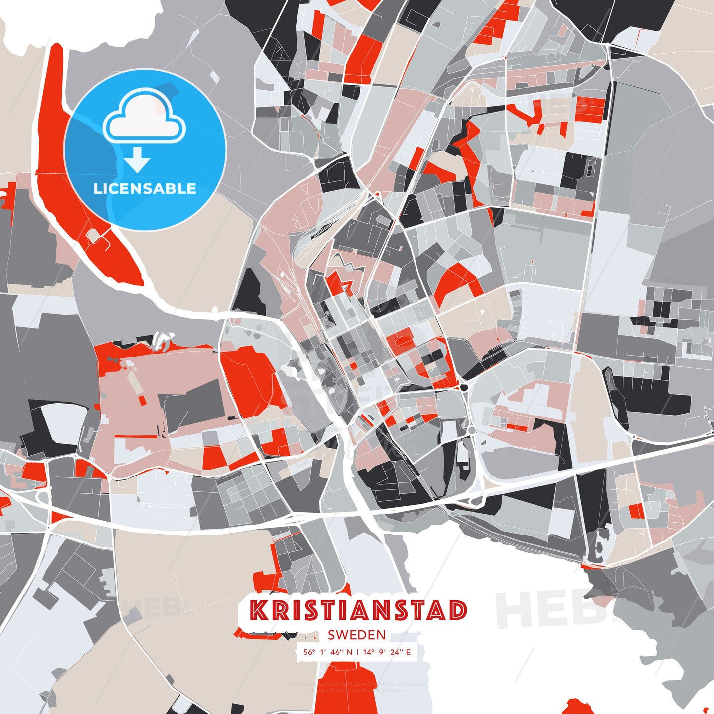 Kristianstad, Sweden, modern map - HEBSTREITS Sketches