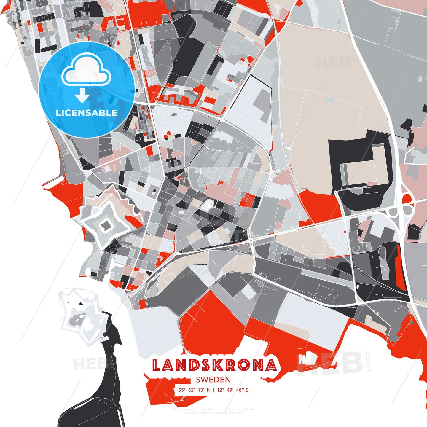 Landskrona, Sweden, modern map - HEBSTREITS Sketches
